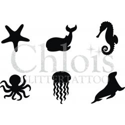 Chloïs Glittertattoo Sjabloon - Sea Life - Multi Stencil - CH9131 - 1 stuks zelfklevend sjabloon met 6 kleine designs in verpakking - Geschikt voor 6 Tattoos - Nep Tattoo - Geschikt voor Glitter Tattoo, Inkt Tattoo of Airbrush