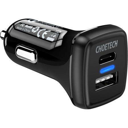 Choetech - Quick Charge 3.0 Autolader - 1x USB-C laadpoort -  1x USB-A laadpoort - 36W - 3A - LED-indicator -  Zwart