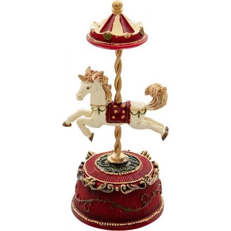 Clayre & Eef Muziekdoos Paard Ø 9*21 cm Rood Kunststof Kerstdecoratie Beeld Decoratief Figuur