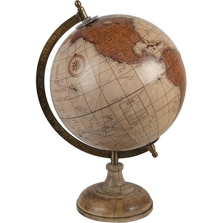 Clayre & Eef Wereldbol Decoratie 22*22*37 cm Beige, Bruin Hout, Ijzer Rond Globe Aardbol