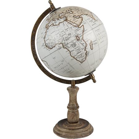 Clayre & Eef Wereldbol Decoratie 22*22*37 cm Wit, Bruin Hout, Ijzer Rond Globe Aardbol