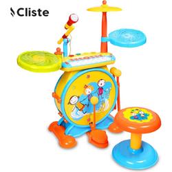 Cliste Elektronische Drumkit voor kinderen - Realistisch drumgeluid - 8-toetsen toetsenbord - Mp3-stekker - Inclusief stoel - Blauw/Geel - Educatief Babyspeelgoed - Geluid en Spelletjes