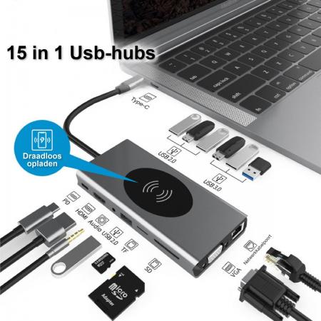 Colorful Sun® USB splitter - USB C hub - usb hub 15 poorten - Docking Station - Gratis kabel-organizer - Hub Multipoort Adapter - 4K HDMI - VGA - Met voeding - 3.0 -Type-C - 87W PD - Ethernet - MicroSD - SD & AUX - Macbook Pro