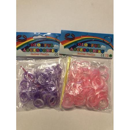 colorful accessories - loom bandjes- 2 zakjes - doorzichtig en paars en roze