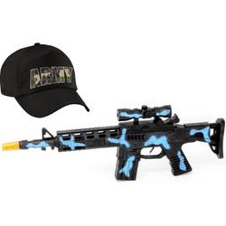2-Delig speelgoed verkleedaccessoires set leger/soldaten voor kinderen - Bestaande uit zwart/blauw machinegeweer en army pet zwart