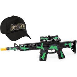 2-Delig speelgoed verkleedaccessoires set leger/soldaten voor kinderen - Bestaande uit zwart/groen machinegeweer en army pet zwart