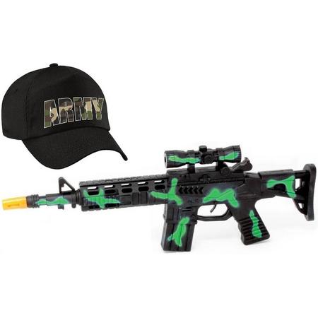 2-Delig verkleedaccessoires set leger/soldaten voor volwassenen - Bestaande uit zwart/groen machinegeweer en army pet zwart
