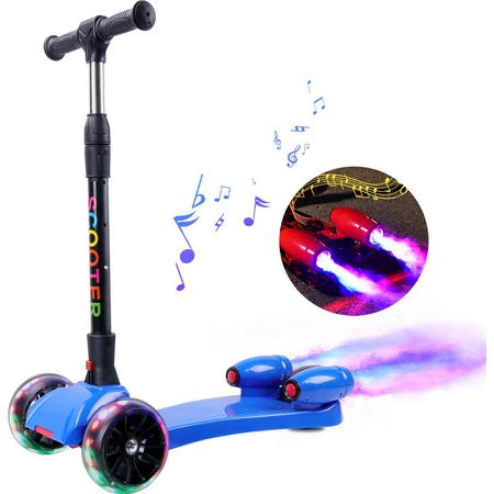 Kids step,scooter met kleurrijke spray, drie stevige wielen, vier hoogte opties,  en muziek speaker voor 2-9 jaar - Blauw