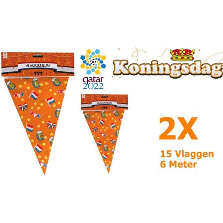 2x Koningsdag - WK 2022 - Vlaggenlijn - 15 vlaggen - 6 Meter - WK2022 - Qatar - Voetbal - Oranje - Nederland - Bier