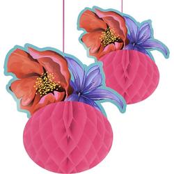 Cool 2 Party - Honeycombs - tropisch - bloemen - hawai - exotisch - paars - rood - roze - 1x 30 cm 1x 20 cm - decoratiewaaier - papieren waaier - versiering - feest - BBQ - zomer - incl. paperclips