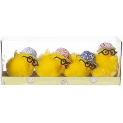 4x stuks mini kuikentjes geel met brilletje en petje 5 cm - Paaskuikentjes - Tafeldecoratie Pasen versiering