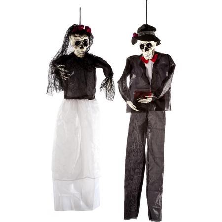 Halloween - Set van 2x hangende horror decoratie skelet 92 cm Day Of Death dame en heer - Halloween thema versiering poppen