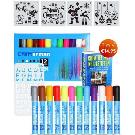 Crafterman Krijtstiften - Raamstiften - glasstiften - whiteboard / krijtbord stiften - markers - 12 stuks - met 5 stencils & e-Book
