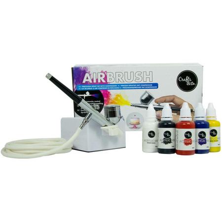 Crafts & Co Airbrush Set met Compressor Inclusief 5 Kleuren Acrylverf