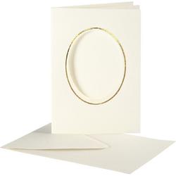 Passepartout kaarten , afmeting kaart 10,5x15 cm, gatgrootte 6,5x8,8 cm, off-white, ovaal met gouden rand, 10sets