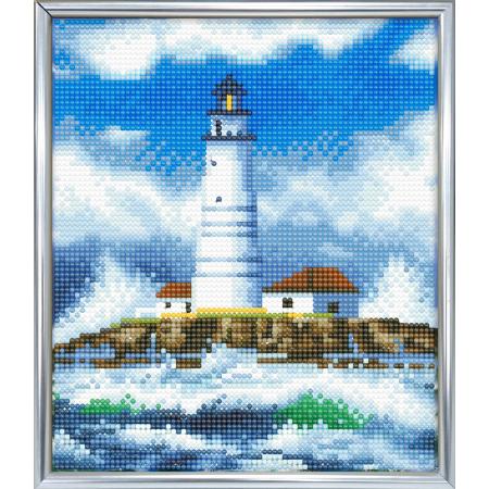 Diamond Painting Crystal Art Kit ® The Lighthouse 21x25 cm incl. zilveren frame met standaard, partial painting portrait