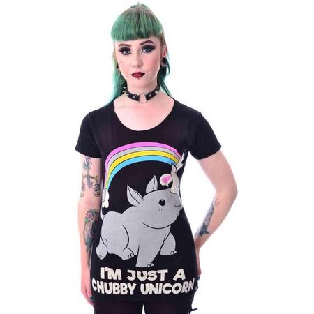 Cupcake Cult Dames Tshirt -XL- JUST A CHUBBY UNICORN Zwart