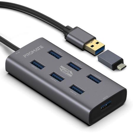 DELTACOPROM EZHUB-7DEL, 7 poorten USB 3.0 hub, USB-C-adapter, 5Gbps synchroniseren en opladen, aluminium - grijs