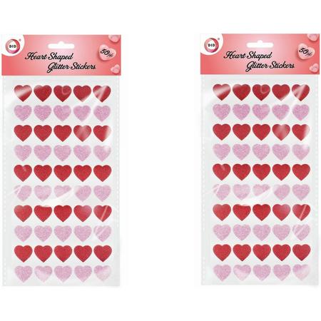 Hartjes glitter stickers voor kinderen - 100 stuks - rood/roze