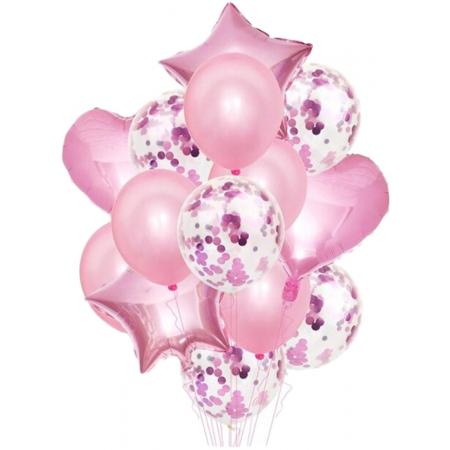 DW4Trading® Ballon mix hart ster confetti 14 stuks roze