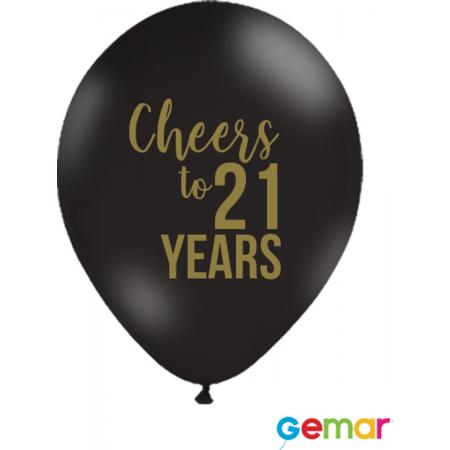 Ballonnen “Cheers to 21 Years” Zwart met opdruk Goud