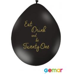 Ballonnen “Eat drink and be 21” Zwart met opdruk Goud (lucht)