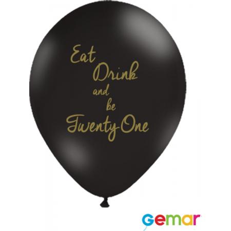 Ballonnen “Eat drink and be 21” Zwart met opdruk Goud