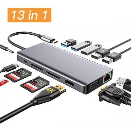 13 in 1 USB C Hub - 13 poorten - 5 x USB 3.0 A - USB splitter - Ethernet - 4K HDMI- Audi Jack - Apple Samsung Converter – MacBook Pro - Multi Splitters Thunderbolt- VGA - RJ-45 - USB-C Power Delivery - SD & TF kaart lezer - USB hub 3.0