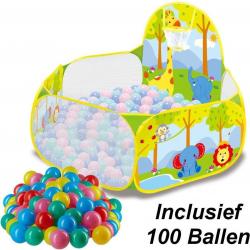   met Basketbal Net & Inclusief 100 Ballen - Baby Speelgoed   met Vrolijke Dieren print - Ballenbad voor kinderen - Zeshoekig ballenbad - Ballentent Pop up systeem -   met 100 stuks ballen -  ®