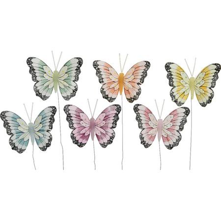 Decoris decoratie vlinders op draad gekleurd - 6x stuks - 8 cm