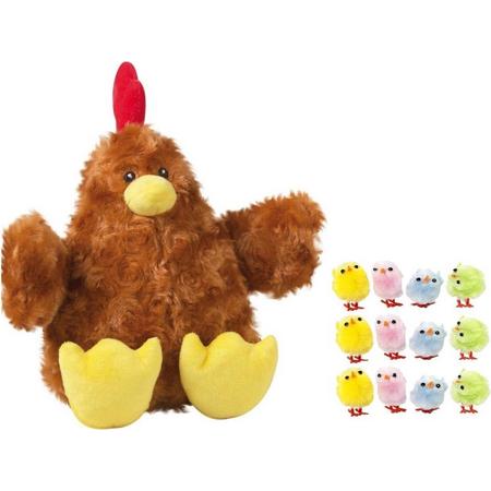 Pluche bruine kippen/hanen knuffel van 23 cm met 12x stuks mini kuikentjes gekleurd 3 cm - Paas/pasen decoratie