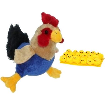 Pluche kippen/hanen knuffel van 20 cm met 18x stuks mini kuikentjes 3 cm - Paas/pasen decoratie