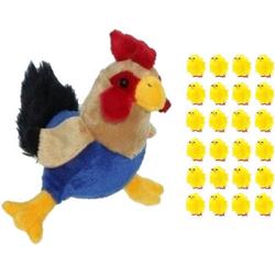 Pluche kippen/hanen knuffel van 20 cm met 24x stuks mini kuikentjes 3 cm - Paas/pasen decoratie