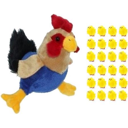Pluche kippen/hanen knuffel van 20 cm met 24x stuks mini kuikentjes 3 cm - Paas/pasen decoratie