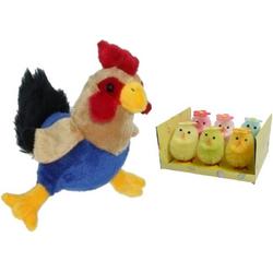 Pluche kippen/hanen knuffel van 20 cm met 6x stuks mini gekleurde kuikentjes met bloem 6,5 cm - Paas/pasen decoratie