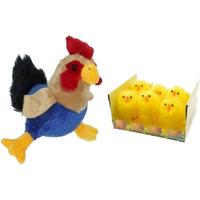 Pluche kippen/hanen knuffel van 20 cm met 6x stuks mini kuikentjes 6,5 cm - Paas/pasen decoratie