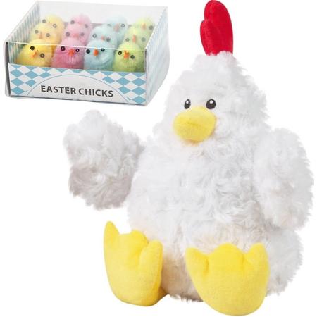 Pluche witte kippen/hanen knuffel van 23 cm met 12x stuks mini kuikentjes gekleurd 3 cm - Paas/pasen decoratie