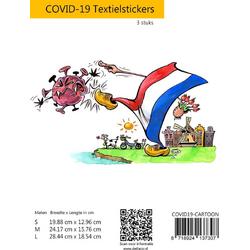 COVID19-CARTOON, Strijkplaatjes voor volwassen en kinderen, Corona karikatuur textielstickers, 3-pack