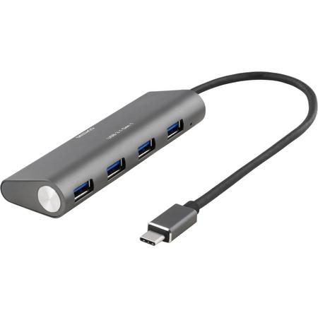 DELTACO USBC-1207 4-poorts USB-hub, 18W 3.6A, USB 3.1 Gen1, 1x USB-C, 4x USB-A, GL3520 chipset, aluminium, zwart