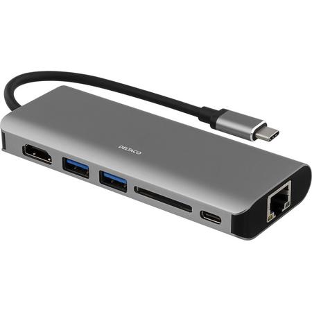 DELTACO USBC-1273 USB-C Docking station - USB-C 3.1 Gen.1 Dock met HDMI, USB-C PD 60W/3A, 1xRJ45, 2 x USB  3.1, 1 x SD card slot, DisplayPort 1.2 Alt Mode, aluminium Spacegrey (Windows, macOS, Chrome OS)