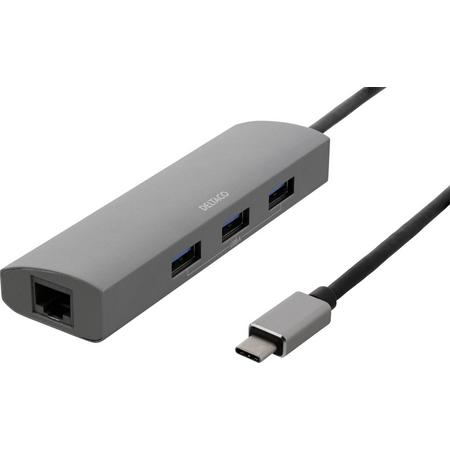 DELTACO USBC-1294 Hub met netwerkadapter, Multiport adapter, 3xUSB-A 3.0, 0,4 meter kabel, Space Grey