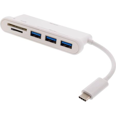 DELTACO USBC-HUB103 USB-C naar 3 x USB 3.1 HUB met ingebouwde microSD en SD kaartlezer tot max. 512 GB adapter wit