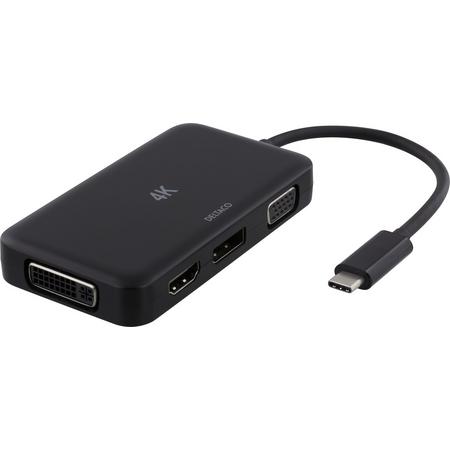 DELTACO USBC-MULTI, USB-C adapter naar HDMI / DP / DVI / VGA - 4K, zwart
