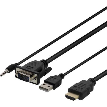 DELTACO VGA-HDMI16, VGA naar HDMI, USB, Audio 3,5 mm, 1m, zwart