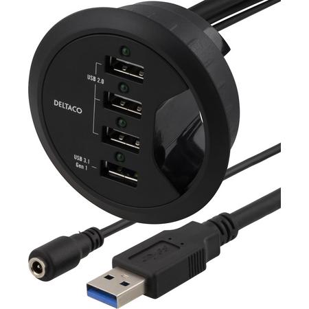DELTACO VR-815, In-Desk USB HUB, 4 poort USB HUB voor montage in het kabelgat van bureaus voor synchroniseren en opladen (max. 2.4A), 1 x USB 3.1 3x USB 2.0, excl. voeding