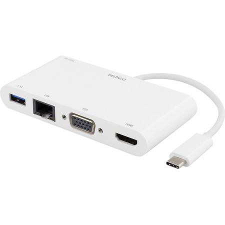 Deltaco USBC-HDMI14 USB-C Dockingstation met HDMI 4K, VGA, Gigabit ethernet, USB 3.1, wit