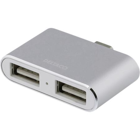 Deltaco USBC-HUB6 USB-C mini hub met 2 x USB 2.0 USB-A poorten met OTG aluminium Zilver
