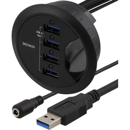 Deltaco VR-814 In-Desk USB HUB, 4 poort USB HUB voor montage in het kabelgat van bureaus voor synchroniseren data en opladen (max. 2.4A), 4 x USB 3.1 excl. voeding
