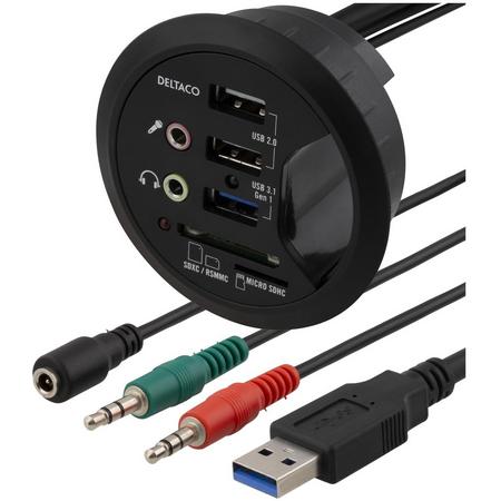 Deltaco VR-819, Desktop USB-hub, 1 x USB-A 3.1 Gen1, 2x USB-A 2.0, 2x3,5mm mini-jack, 2,4a, BC 1.2, 60mm installatie diameter, zwart