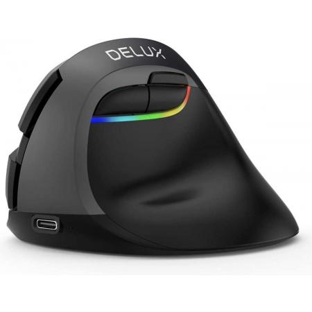 DELUX verticale muis Draadloze ergonomische muis met BT 4.0 en 2.4G Draadloze dual-modus Geïntegreerde oplaadbare batterij Stil ontwerp 6 knoppen en 4 DPI-niveaus Optische pc-muis met RGB-licht